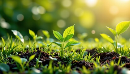 Sunlight Illuminating Young Green Seedlings Growing in Fresh Healthy Soil in Nature Garden
