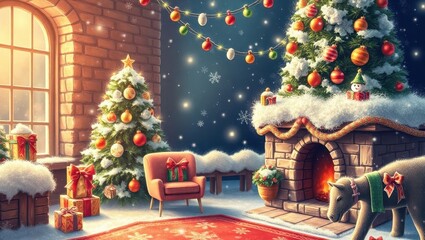 A horse standing in front of a fireplace next to a christmas tree