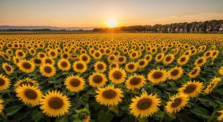 Fototapeta premium Golden Hour Sunset Over Vast Sunflower Field with Distant Mountains