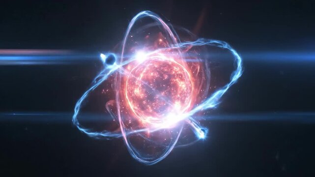Atomic Fusion: A stylized representation of an atom, showcasing a vibrant display of energy and the intricate structure of atomic particles, symbolizing the cutting edge of science and technology.