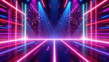 Vibrant Neon Lights with Colorful Patterns on a Dance Stage in a Festive Celebration Atmosphere
