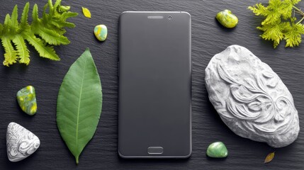 A dark slate surface is arranged with a modern smartphone, a large green leaf, ferns, and various decorative stones.