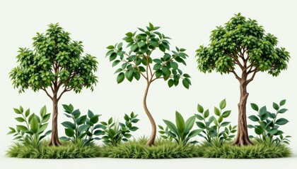 Three Distinct Trees with Lush Green Foliage Surrounded by Vibrant Plants on a Light Background