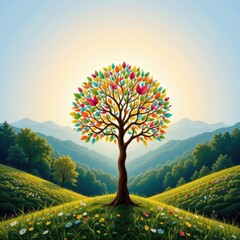 Colorful Tree with Vibrant Leaves Against a Bright Sunrise Over Mountain Landscape