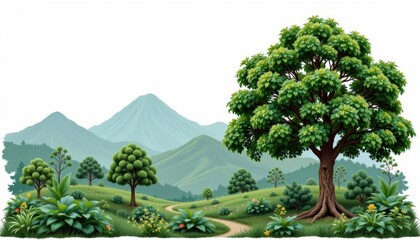 Lush Green Landscape Featuring Majestic Mountains and a Large Tree Under Bright Blue Sky