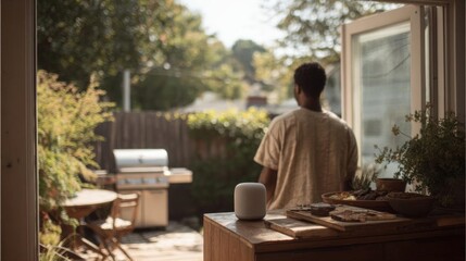 Fototapeta premium Man standing in a backyard, looking out the window. he is wearing a beige t-shirt and appears to be deep in thought. on the right side of the image, there is a wooden table with a white speaker on it.