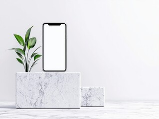 A modern smartphone with a blank white screen is placed on a large marble block, with a green plant beside it, against a plain white background.