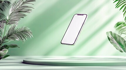 A modern smartphone with a blank white screen floats in the air, surrounded by lush green palm leaves and illuminated by dappled sunlight against a soft green b