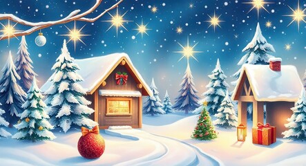 A painting of a snowy landscape with a small house in the middle of it