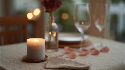 Table set for a romantic dinner. the table is covered with a beige tablecloth and there are rose petals scattered on the table.