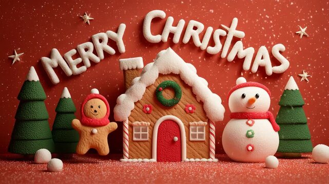 赤い背景で粘土の家と雪だるまを並べたクリスマスの小さな情景
