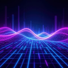 Colorful Abstract Digital Waves with Glowing Lights and Grid Pattern in a Futuristic Environment