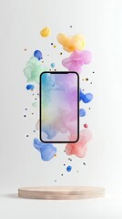 A smartphone floats in the air surrounded by colorful smoke-like shapes and small spheres, with a wooden pedestal below.