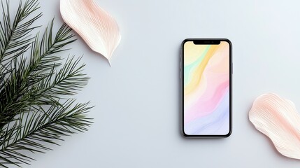 A modern smartphone with a vibrant, abstract wallpaper is placed on a minimalist gray surface, accented by lush green leaves and soft pink petals.