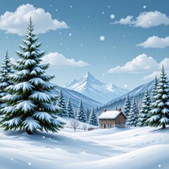 Idyllic Winter Landscape with Snow-Covered Mountains and Cozy Cabin under a Clear Blue Sky