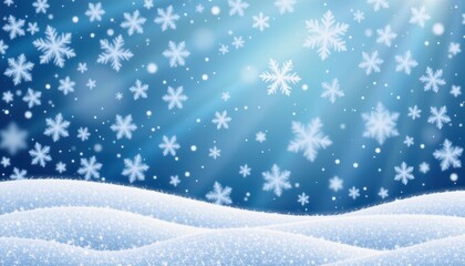 Beautiful Winter Landscape with Falling Snowflakes and Soft Snow Cover on a Tranquil Blue Background