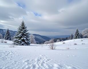 Scenic Winter Landscape with Snow-Covered Trees and Mountains under a Cloudy Sky