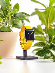 A contemporary smartwatch with a vibrant yellow band is showcased on a minimalist black stand, nestled amongst verdant foliage.