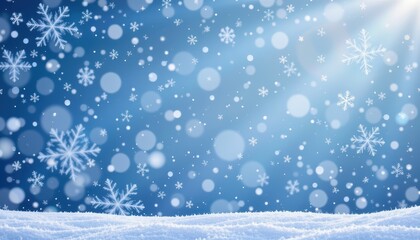 Naklejka premium Gentle Snowfall with Shimmering Snowflakes and Bokeh Effect against a Vibrant Blue Background