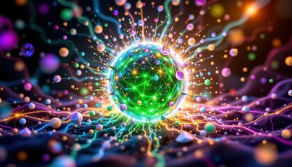 Colorful Abstract Sphere Surrounded by Vibrant Energy Waves and Particles in a Cosmic Setting