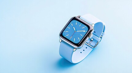 A modern smartwatch with a light blue band and a blue digital watch face is displayed against a solid light blue background, highlighting its sleek design.