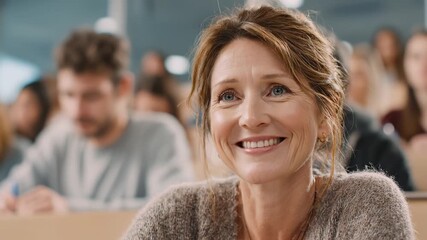 Mature woman studying with youth. Middle-aged student attends university class. Senior female learns among youngsters. Lifelong education concept in classroom.