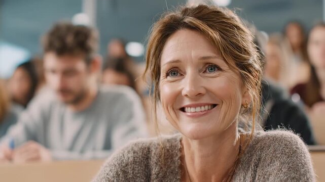 Mature woman studying with youth. Middle-aged student attends university class. Senior female learns among youngsters. Lifelong education concept in classroom.