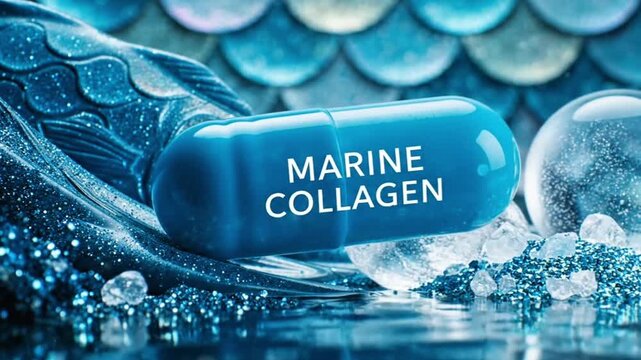Marine Collagen Supplement Capsule with Water and Aqua Background