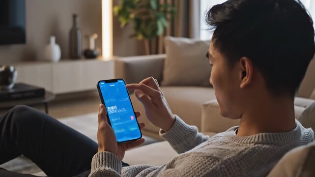Young man relaxing on sofa at home, checking financial data on smartphone.
