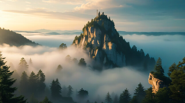 Realistic dawn view of the mist-shrouded mountains. Swirling fog. Dense pine forests. Rugged cliffs. A mysterious, mythic atmosphere. Ancient folklore, legends. Fantasy, book cover, wallpapers, poster - Powered by Adobe