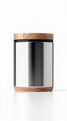 A sleek, cylindrical stainless steel container with a brushed metal finish, topped with a natural wood lid and a matching wood base, set against a clean white b