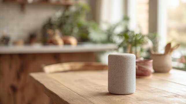 Amazon echo device sitting on a wooden table in a kitchen. the device is cylindrical in shape and appears to be made of a light-colored fabric.