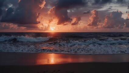 Vibrant Ocean Sunset with Reflective Waves and Dramatic Clouds.