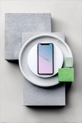 A minimalist still life composition featuring a smartphone, textured concrete blocks, and vibrant green cubes arranged on a neutral background.
