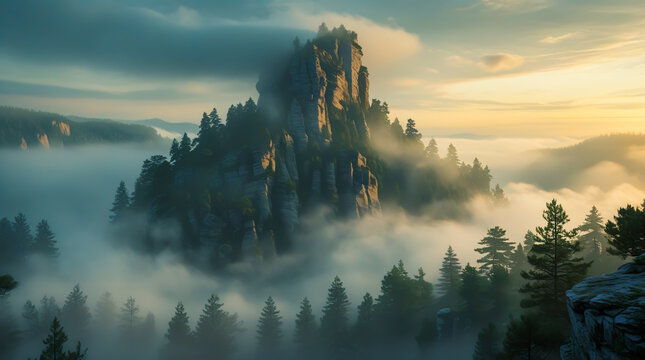 Realistic dawn view of the mist-shrouded mountains. Swirling fog. Dense pine forests. Rugged cliffs. A mysterious, mythic atmosphere. Ancient folklore, legends. Fantasy, book cover, wallpapers, poster