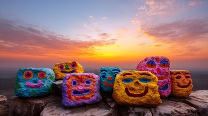 Fototapeta premium Colorful painted rocks with smiling faces arranged on a rocky outcrop at sunrise