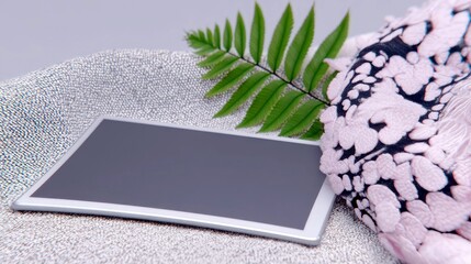 A tablet computer is placed on a textured surface with a fern leaf and decorative fabric, suggesting a blend of technology and natural elements.