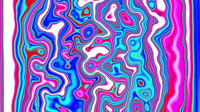 Fluid psychedelic pattern with blue, cyan, pink, and white swirling organic lines.