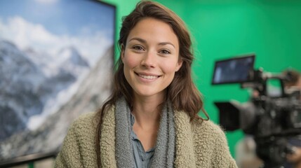 Portrait of a young woman standing in front of a green screen. she is smiling and looking directly at the camera.