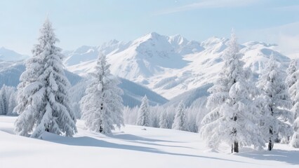 A pure snowy scene composed of snowy mountains and rime forests in winter, presenting a quiet winter natural landscape and a cold aesthetic atmosphere.