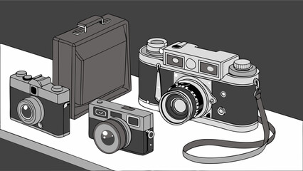 Classic Vintage Film Cameras Collection Retro Photography Hobby Equipment Grayscale Art