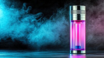 A sleek, metallic vaporizer with a transparent chamber filled with pink liquid and illuminated by internal lights, set against a backdrop of swirling blue and p