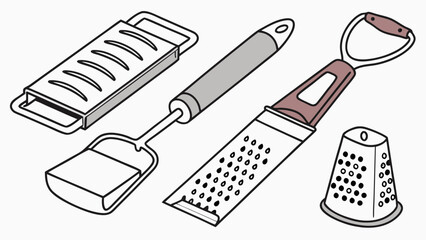Kitchen Graters and Slicers Vector Outline Illustration. Essential Food Preparation Tools for Home Cooking, Recipe Blogs, and Culinary Design.