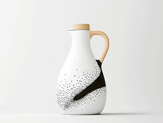 A white ceramic pitcher with a unique black speckled design, a wooden handle, and a wooden lid sits against a plain white background.