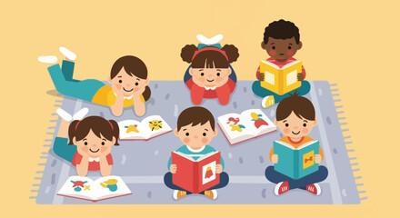 Diverse group of six happy children of various ethnicities joyfully reading colorful storybooks together on a patterned rug.