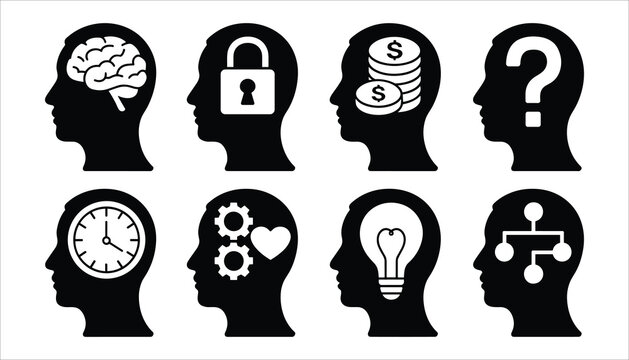 Eight black human head profiles with white icons representing brain thoughts and concepts head silhouette