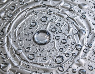 Detailed Macro Shot of Water Droplets on a Shiny Surface Creating Patterns and Ripples