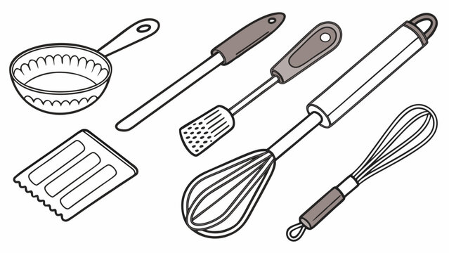 Modern Kitchen Utensils Line Art for Cooking and Baking. Essential Home Food Prep Tools for Recipes, Culinary Blogs, and Kitchenware Design.