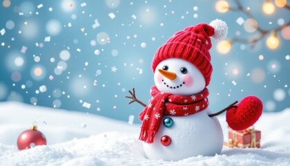 Cheerful Snowman in a Red Hat and Scarf Surrounded by Snowflakes with Holiday Decorations
