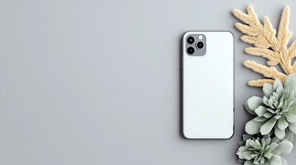 A white smartphone with a triple camera system is displayed on a gray background with decorative dried plants and succulents.
